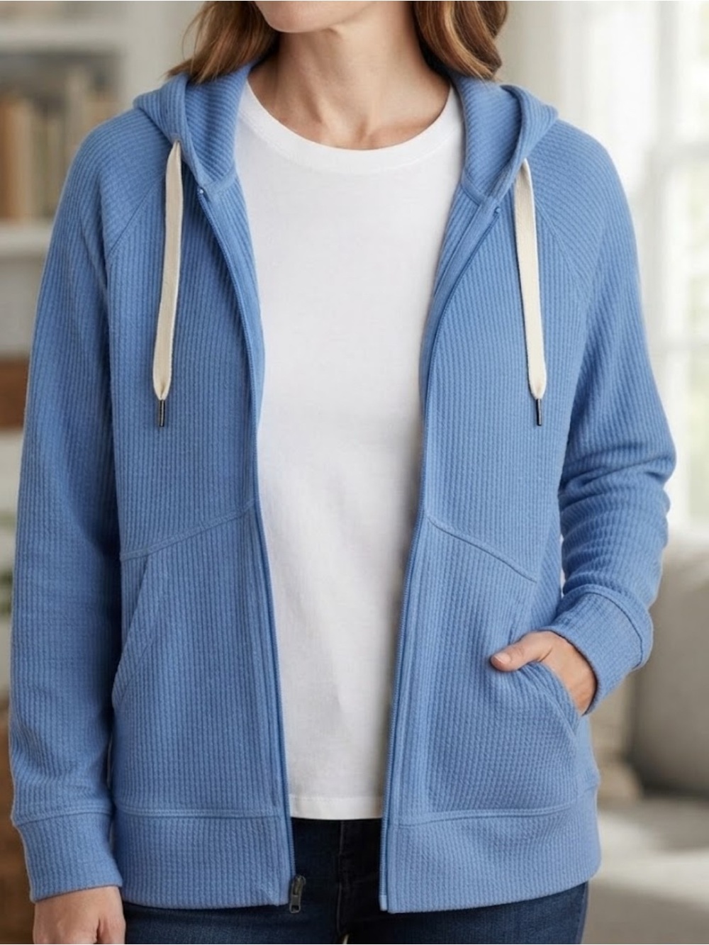 Ribbed Trending Light Blue Hoodie Zip Sweater Size L